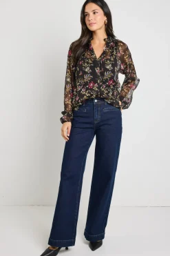 By Rosa. Deft Black Posy Floral Sheer LS Blouse
