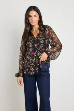 By Rosa. Deft Black Posy Floral Sheer LS Blouse
