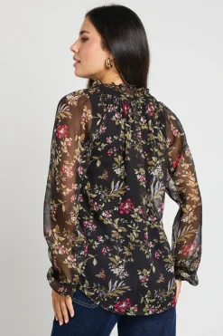By Rosa. Deft Black Posy Floral Sheer LS Blouse
