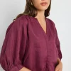 By Rosa. Deity Burgundy Linen Button Through Puff Sleeve Ss Blouse