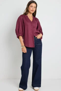 By Rosa. Deity Burgundy Linen Button Through Puff Sleeve Ss Blouse