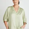 By Rosa. Deity Sage Satin Button Through Puff Sleeve Ss Blouse