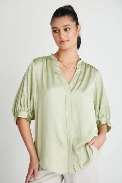 By Rosa. Deity Sage Satin Button Through Puff Sleeve Ss Blouse