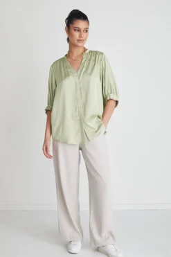 By Rosa. Deity Sage Satin Button Through Puff Sleeve Ss Blouse