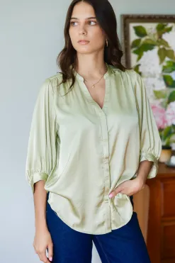 By Rosa. Deity Sage Satin Button Through Puff Sleeve Ss Blouse