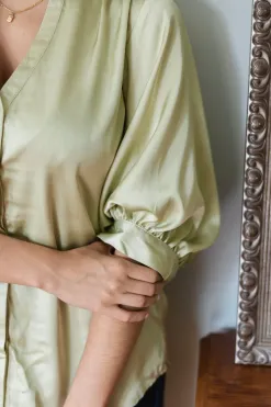 By Rosa. Deity Sage Satin Button Through Puff Sleeve Ss Blouse
