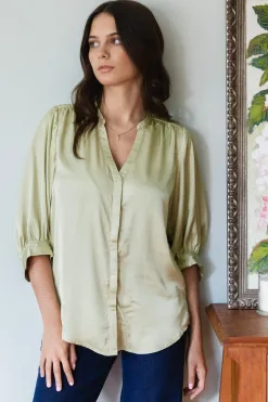 By Rosa. Deity Sage Satin Button Through Puff Sleeve Ss Blouse