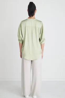 By Rosa. Deity Sage Satin Button Through Puff Sleeve Ss Blouse