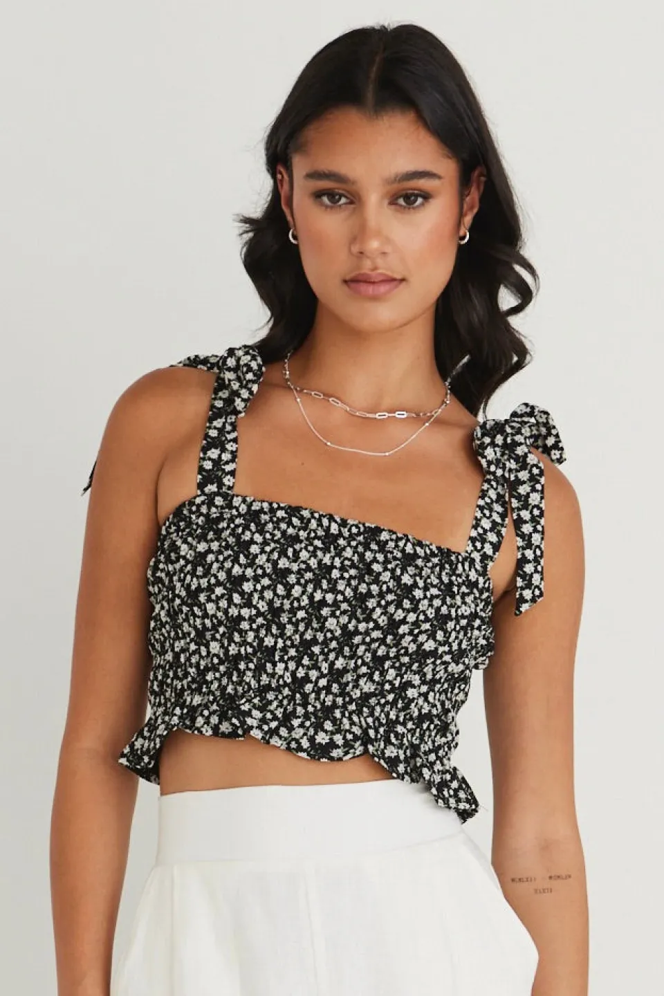 Love Lulu Delicious Black Ditsy Floral Shirred Cami Top