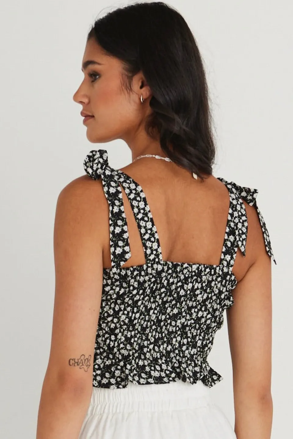 Love Lulu Delicious Black Ditsy Floral Shirred Cami Top