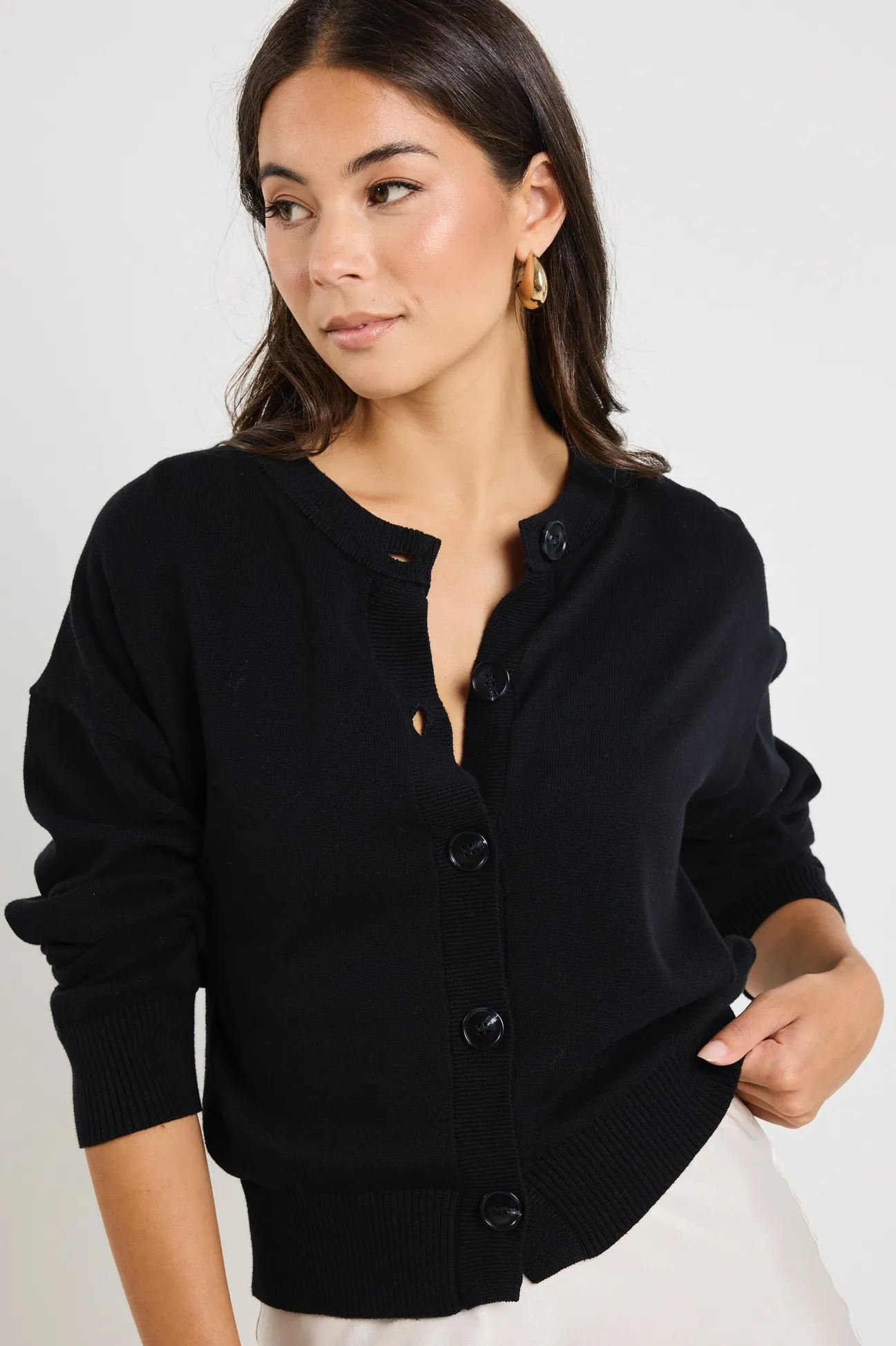 Ivy + Jack Delight Black Cotton Fine Knit Crew Cardigan