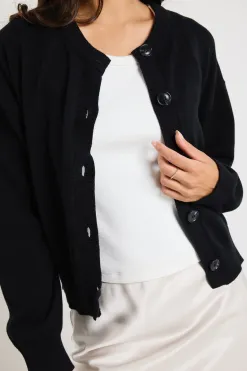 Ivy + Jack Delight Black Cotton Fine Knit Crew Cardigan