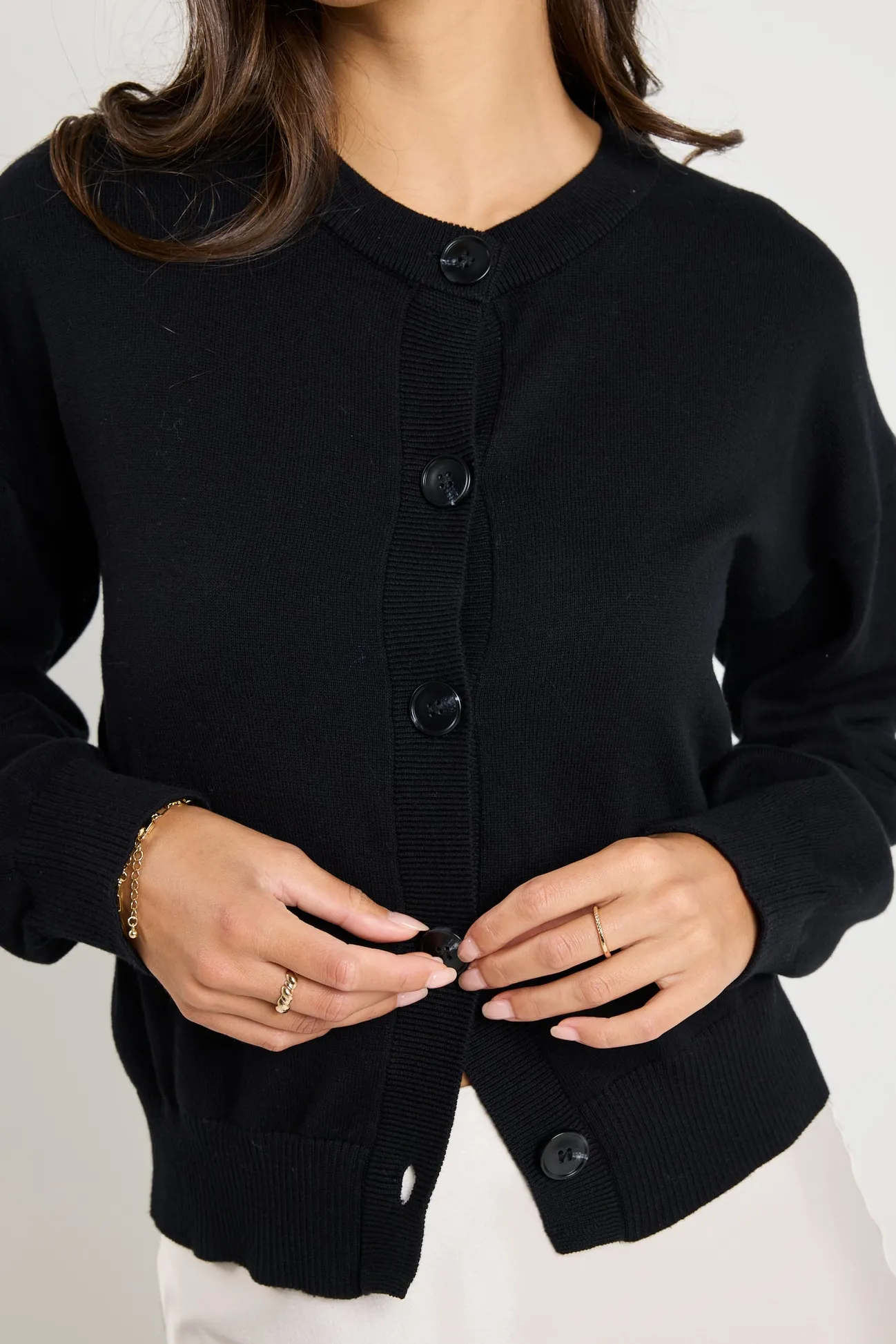 Ivy + Jack Delight Black Cotton Fine Knit Crew Cardigan