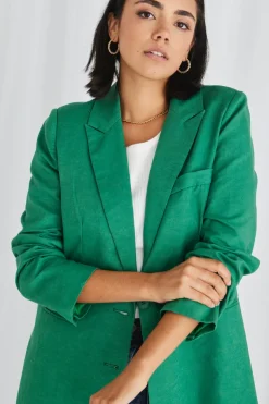 Stories be Told Demi Palm Green Linen Single Breasted Longline Blazer