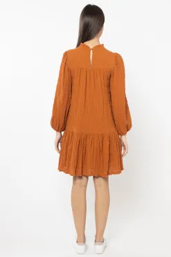 Seeking Lola Desire Cinnamon Shirred Cotton Ls Frill Hem Dress