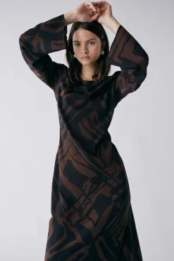 Esmaee District Chocolate Print LS Maxi Dress