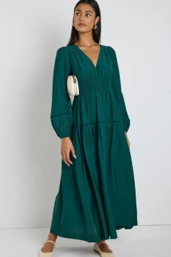 By Rosa. Divine Forest Balloon Sleeve Tiered Maxi Dress