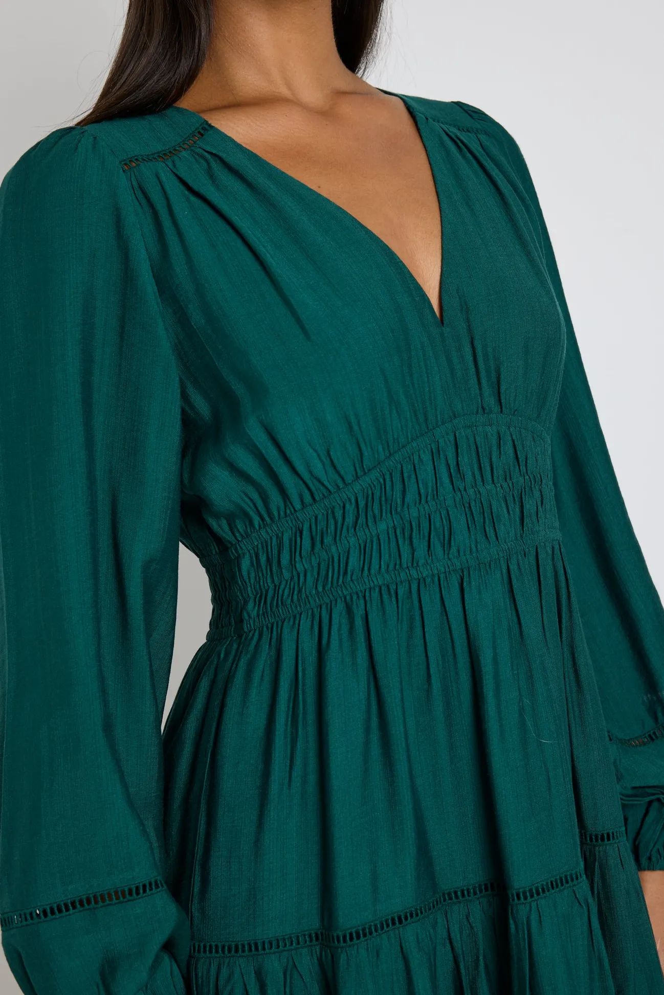 By Rosa. Divine Forest Balloon Sleeve Tiered Maxi Dress