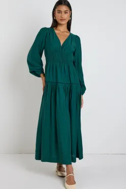 By Rosa. Divine Forest Balloon Sleeve Tiered Maxi Dress