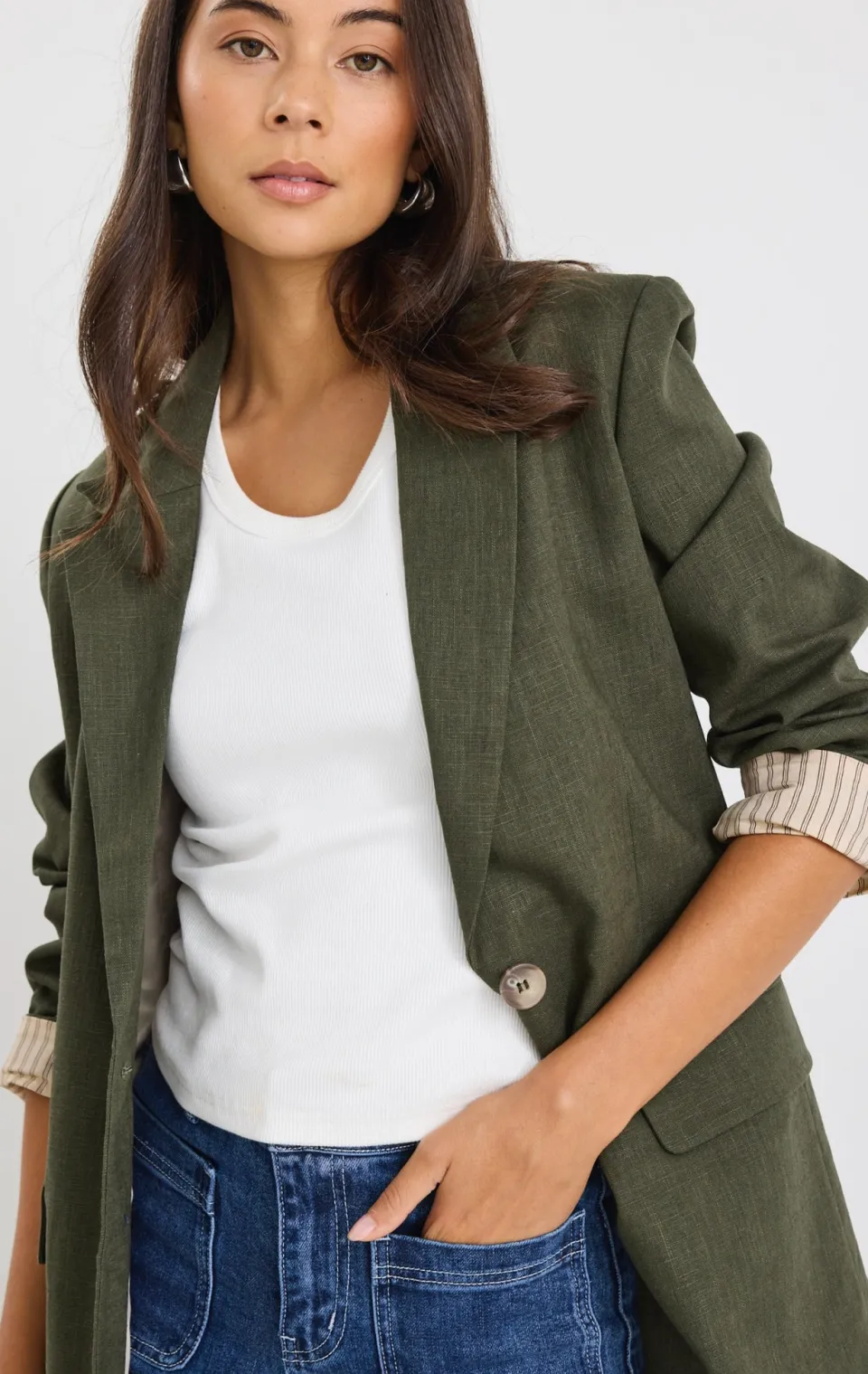 Ivy + Jack Dock Khaki Ramie Rolled Sleeve Blazer