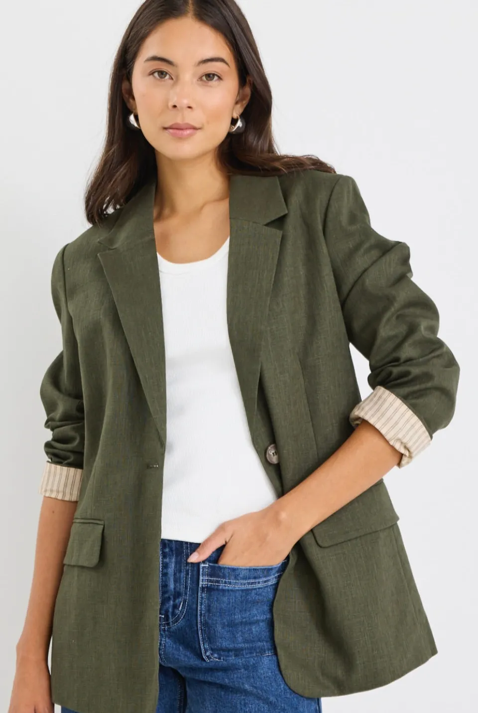 Ivy + Jack Dock Khaki Ramie Rolled Sleeve Blazer