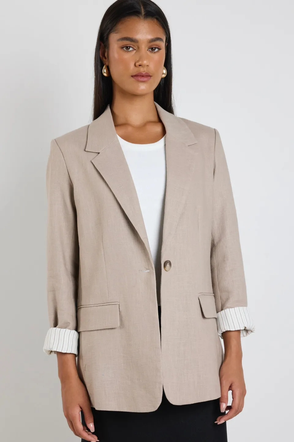 Ivy + Jack Dock Taupe Ramie Rolled Sleeve Blazer