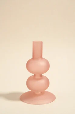 Willow u0026 Mae Double Bubble Frosted Pink 14cm Glass Taper Candle Holder