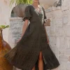 Ivy + Jack Dreamy Khaki Bubble SS Button Front Tiered Maxi Dress