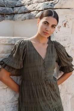 Ivy + Jack Dreamy Khaki Bubble SS Button Front Tiered Maxi Dress
