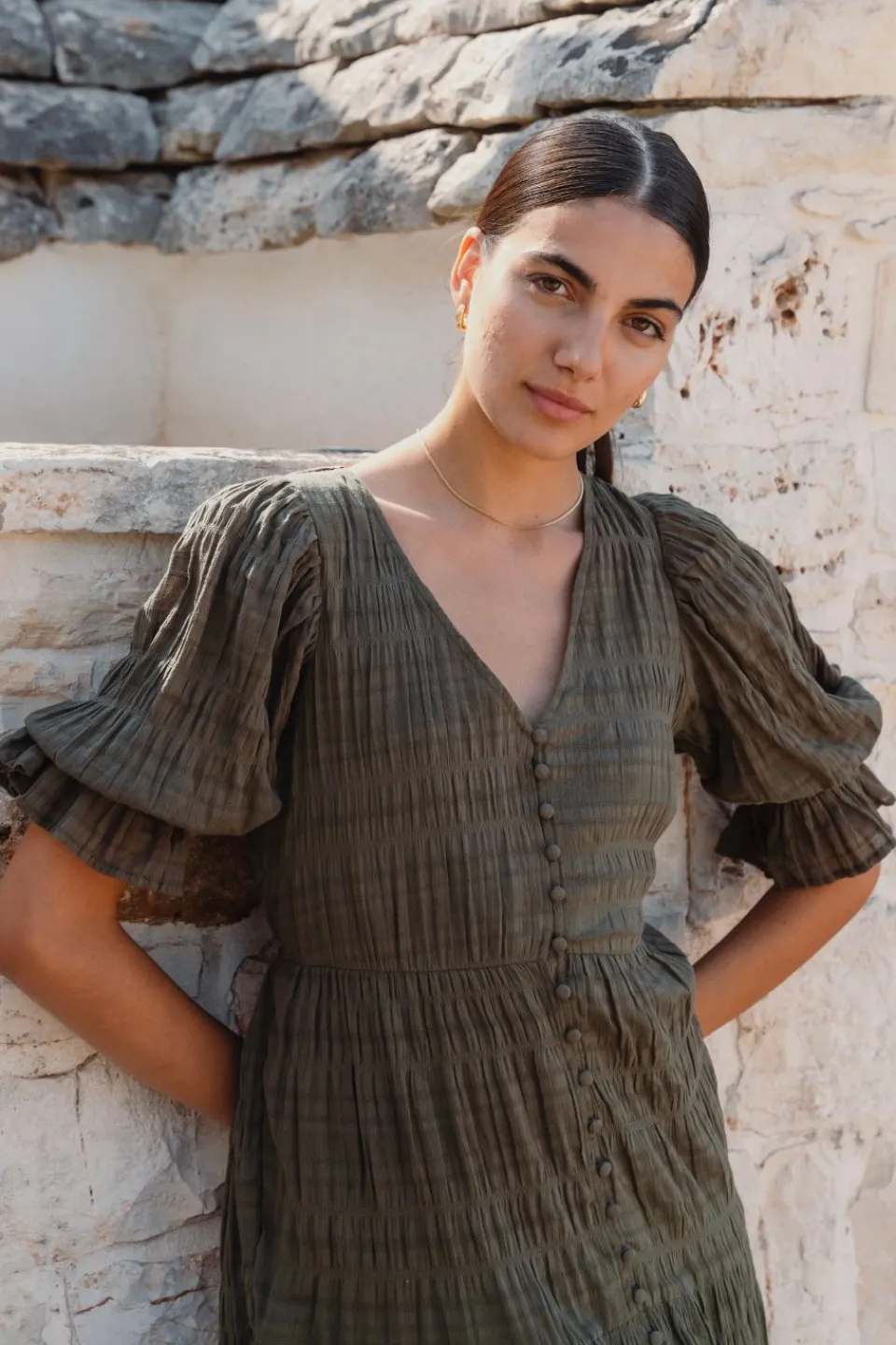 Ivy + Jack Dreamy Khaki Bubble SS Button Front Tiered Maxi Dress