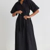 Among the Brave Dusk Black Puff Short Sleeve Collared Maxi Dress
