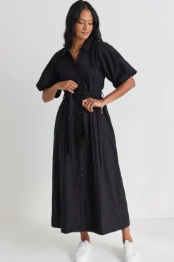 Among the Brave Dusk Black Puff Short Sleeve Collared Maxi Dress