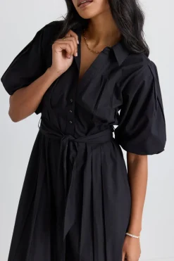 Among the Brave Dusk Black Puff Short Sleeve Collared Maxi Dress