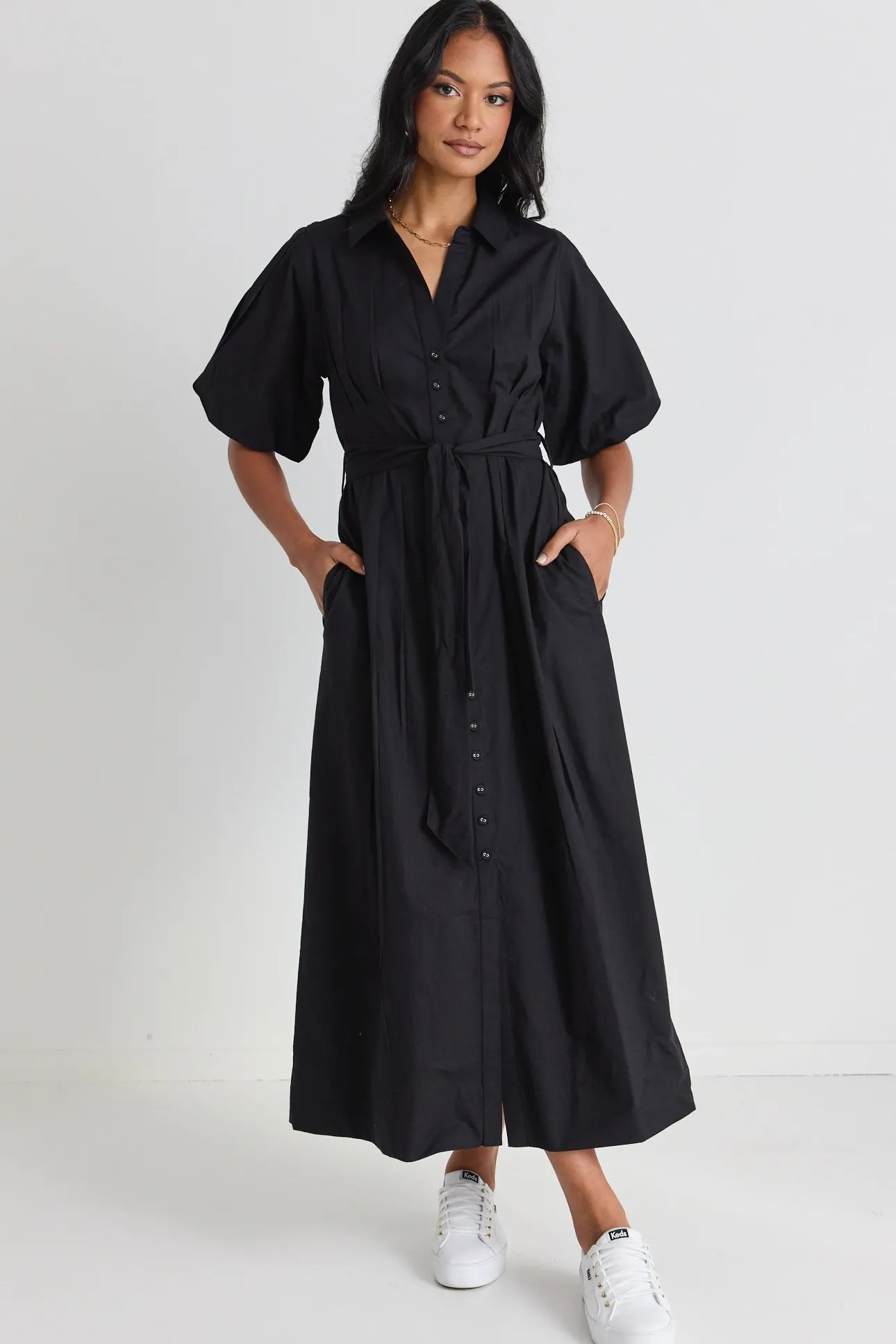 Among the Brave Dusk Black Puff Short Sleeve Collared Maxi Dress