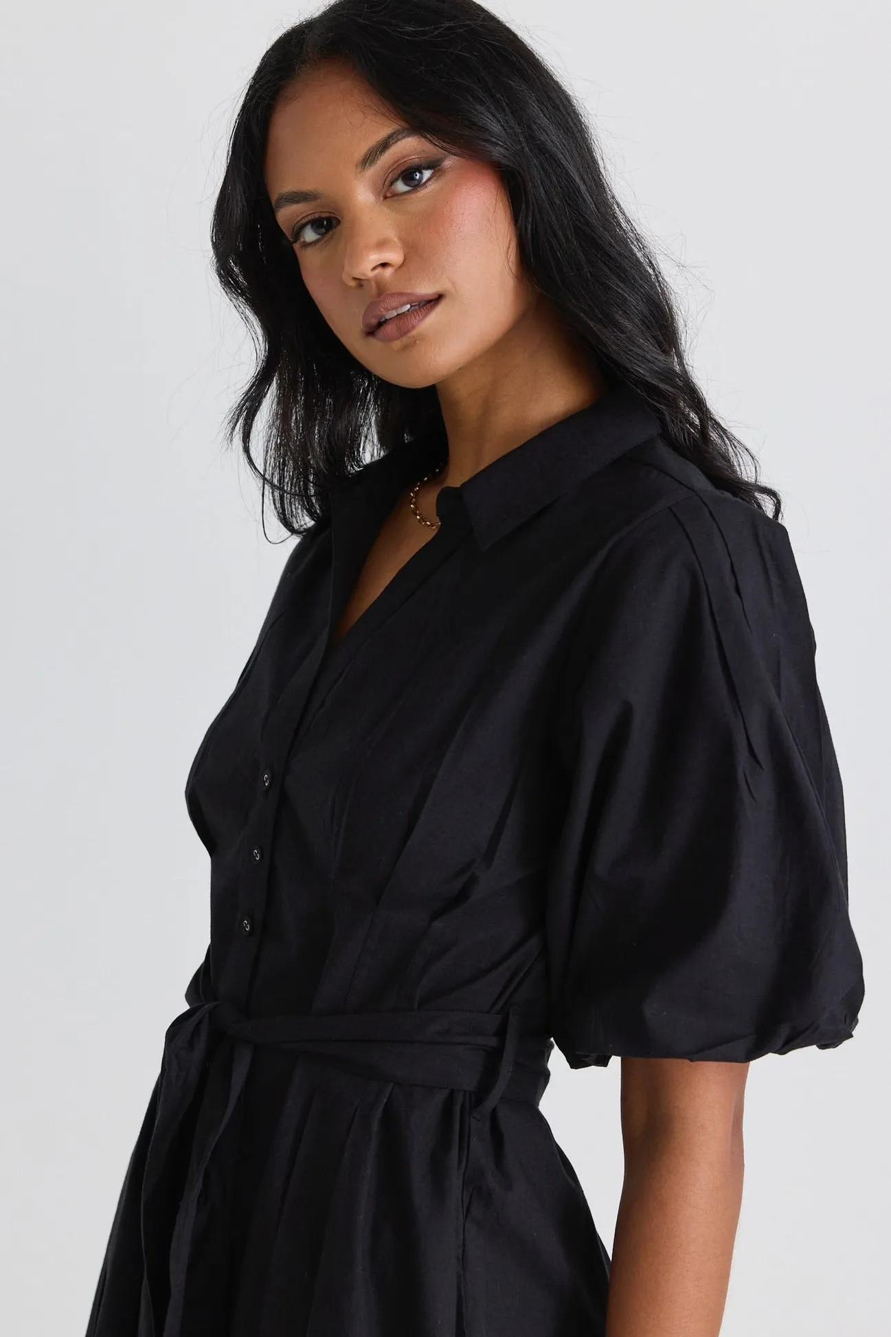 Among the Brave Dusk Black Puff Short Sleeve Collared Maxi Dress