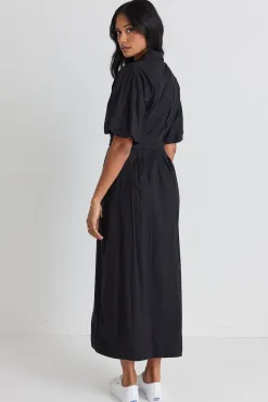 Among the Brave Dusk Black Puff Short Sleeve Collared Maxi Dress