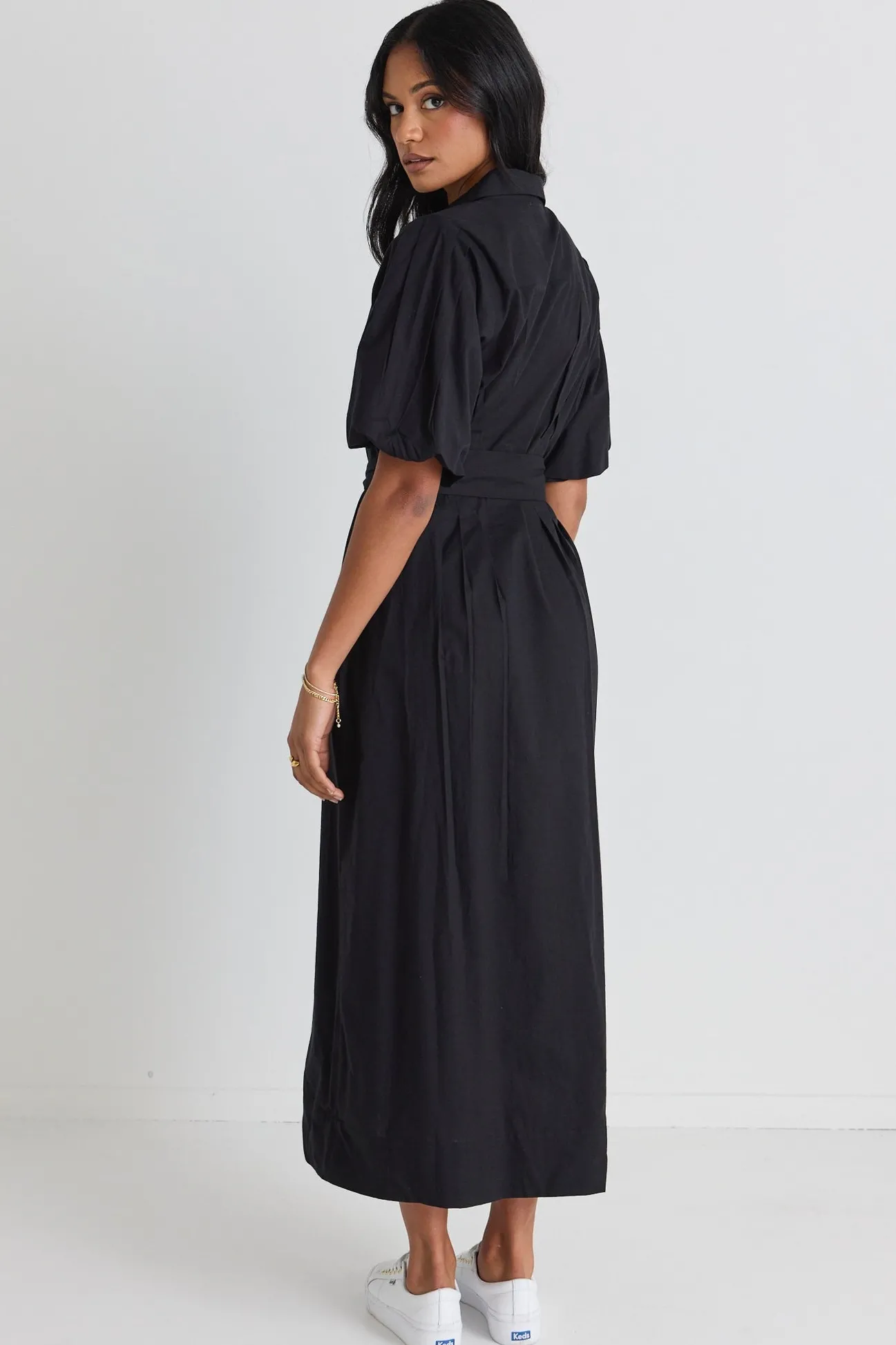 Among the Brave Dusk Black Puff Short Sleeve Collared Maxi Dress