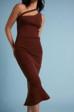 Huffer Dusk Brown One Shoulder Knit Midi Dress