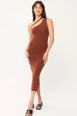 Huffer Dusk Brown One Shoulder Knit Midi Dress