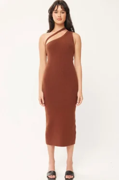 Huffer Dusk Brown One Shoulder Knit Midi Dress