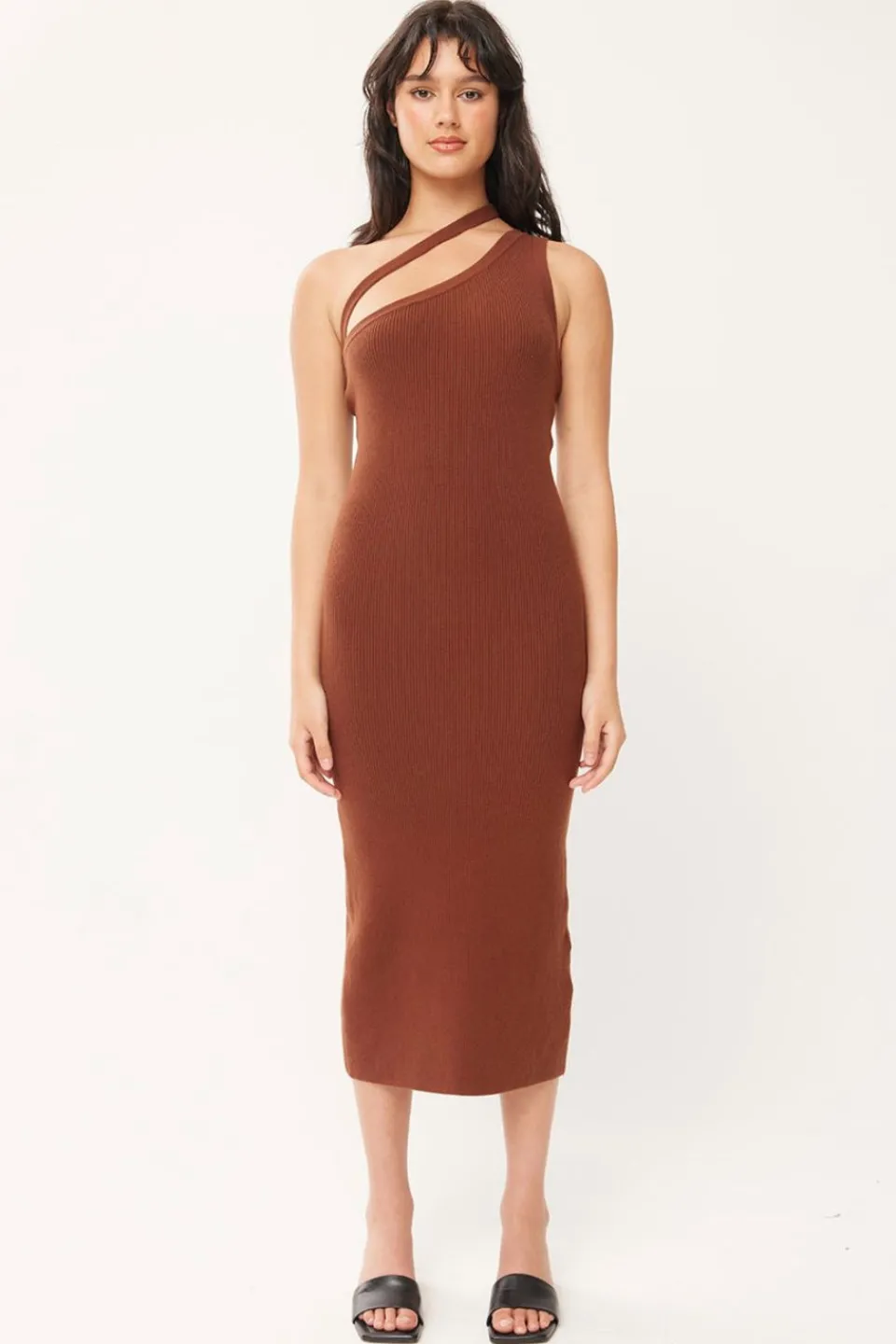 Huffer Dusk Brown One Shoulder Knit Midi Dress