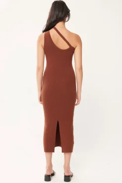 Huffer Dusk Brown One Shoulder Knit Midi Dress