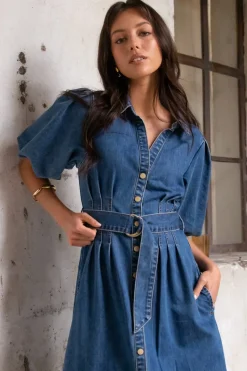 Among the Brave Dusk Storm Blue Denim Puff Sleeve Maxi Shirt Dress