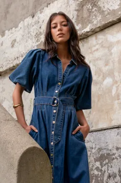Among the Brave Dusk Storm Blue Denim Puff Sleeve Maxi Shirt Dress