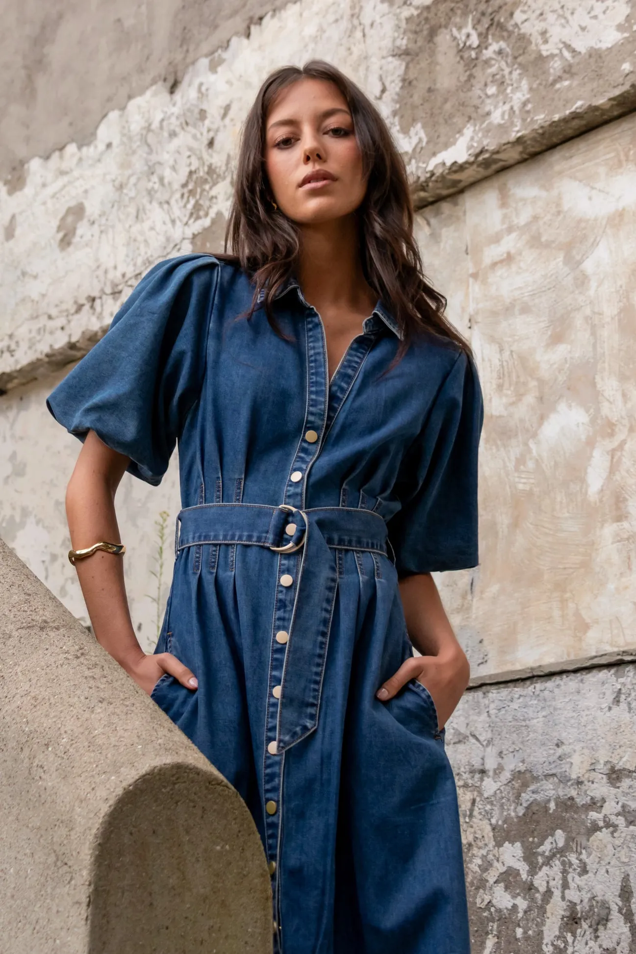Among the Brave Dusk Storm Blue Denim Puff Sleeve Maxi Shirt Dress