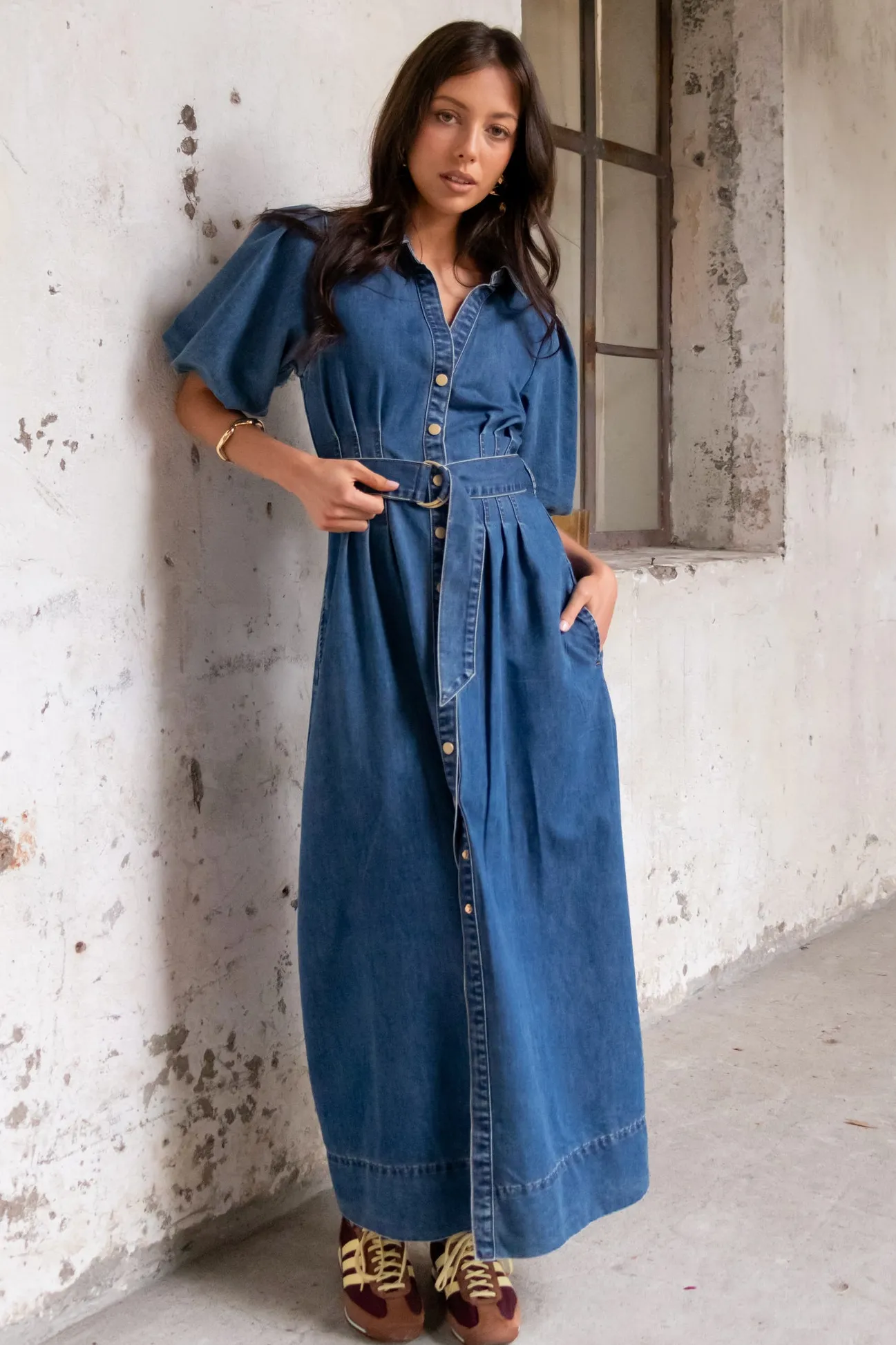 Among the Brave Dusk Storm Blue Denim Puff Sleeve Maxi Shirt Dress