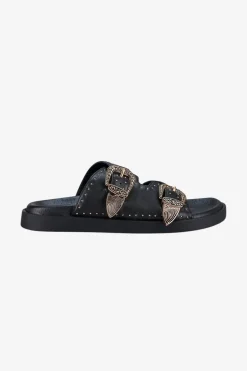 Solsana Eastwood Black Studded Gold Buckle Slide