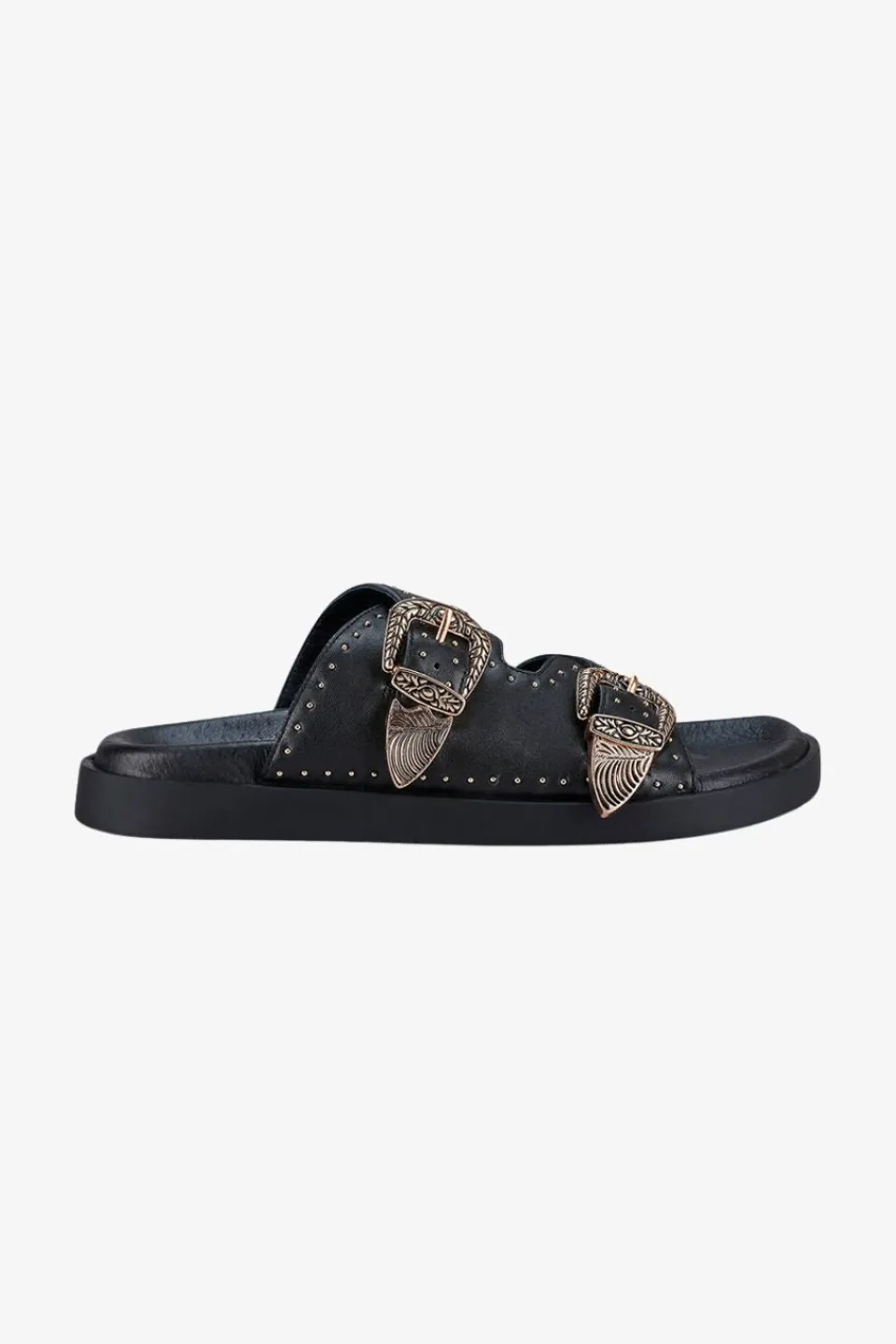 Solsana Eastwood Black Studded Gold Buckle Slide