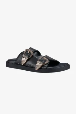 Solsana Eastwood Black Studded Gold Buckle Slide