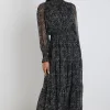 Ivy + Jack Ebony Black Grey Spot LS Shirred Neck Midi Dress